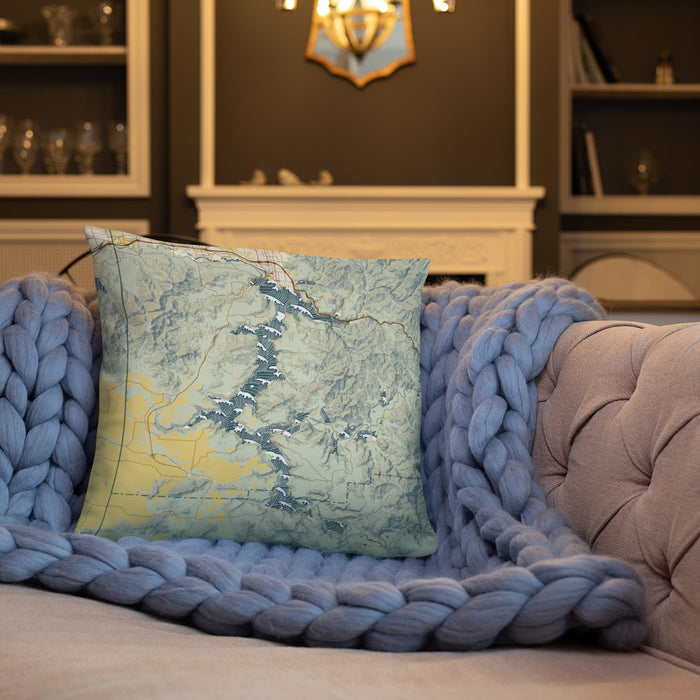 Custom Lake Coeur d'Alene Idaho Map Throw Pillow in Woodblock on Cream Colored Couch