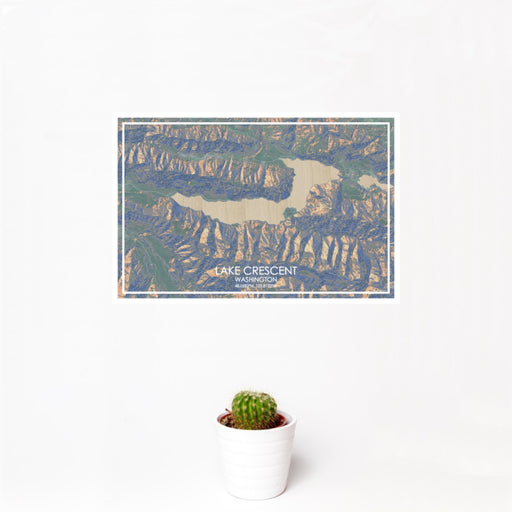 12x18 Lake Crescent Washington Map Print Landscape Orientation in Afternoon Style With Small Cactus Plant in White Planter