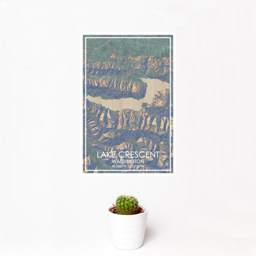 12x18 Lake Crescent Washington Map Print Portrait Orientation in Afternoon Style With Small Cactus Plant in White Planter