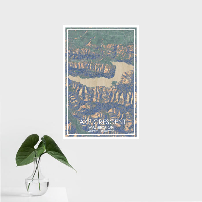 16x24 Lake Crescent Washington Map Print Portrait Orientation in Afternoon Style With Tropical Plant Leaves in Water