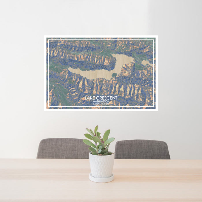 24x36 Lake Crescent Washington Map Print Lanscape Orientation in Afternoon Style Behind 2 Chairs Table and Potted Plant