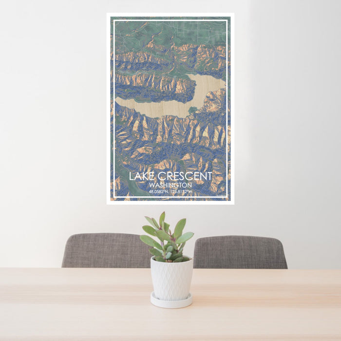 24x36 Lake Crescent Washington Map Print Portrait Orientation in Afternoon Style Behind 2 Chairs Table and Potted Plant