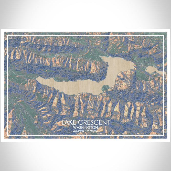Lake Crescent Washington Map Print Landscape Orientation in Afternoon Style With Shaded Background
