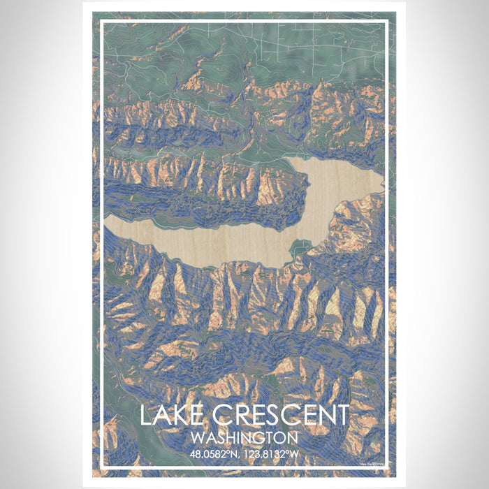 Lake Crescent Washington Map Print Portrait Orientation in Afternoon Style With Shaded Background