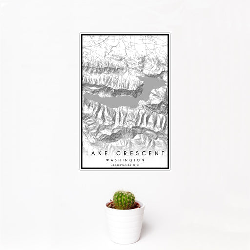 12x18 Lake Crescent Washington Map Print Portrait Orientation in Classic Style With Small Cactus Plant in White Planter