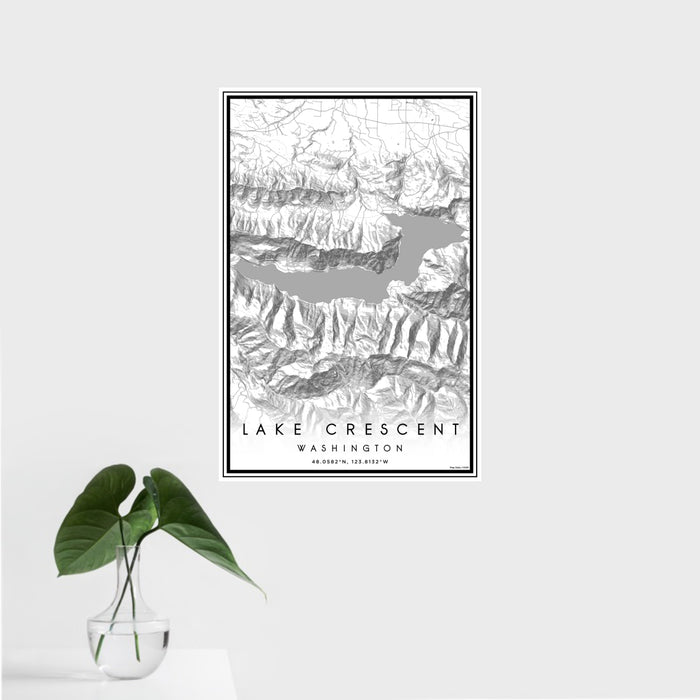 16x24 Lake Crescent Washington Map Print Portrait Orientation in Classic Style With Tropical Plant Leaves in Water