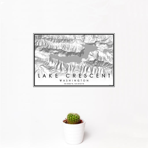 12x18 Lake Crescent Washington Map Print Landscape Orientation in Classic Style With Small Cactus Plant in White Planter