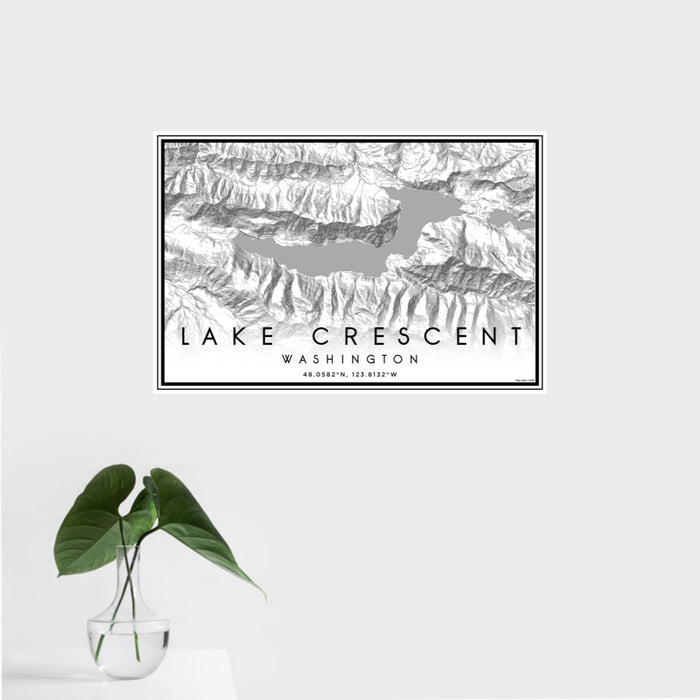 16x24 Lake Crescent Washington Map Print Landscape Orientation in Classic Style With Tropical Plant Leaves in Water