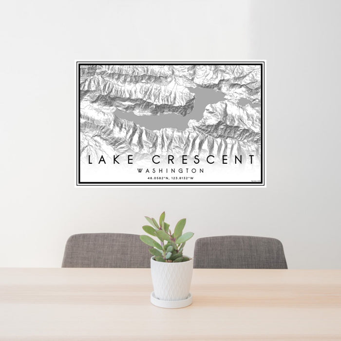 24x36 Lake Crescent Washington Map Print Landscape Orientation in Classic Style Behind 2 Chairs Table and Potted Plant