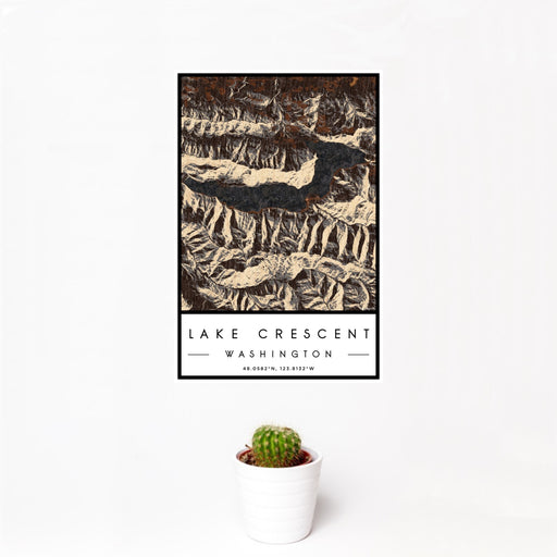 12x18 Lake Crescent Washington Map Print Portrait Orientation in Ember Style With Small Cactus Plant in White Planter