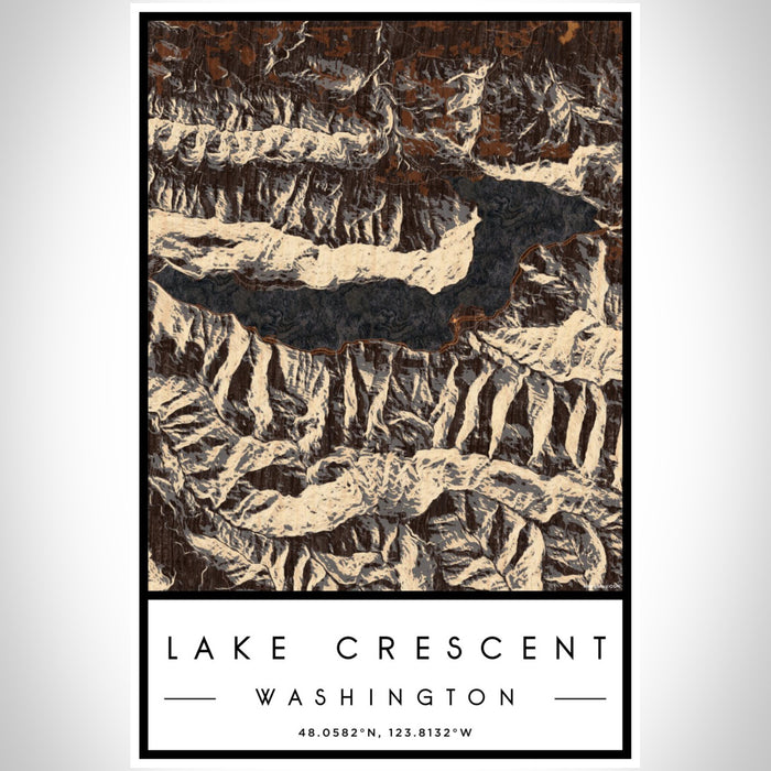 Lake Crescent Washington Map Print Portrait Orientation in Ember Style With Shaded Background
