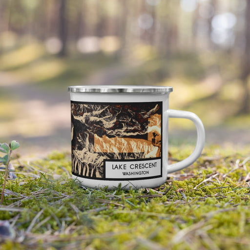 Right View Custom Lake Crescent Washington Map Enamel Mug in Ember on Grass With Trees in Background