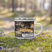Right View Custom Lake Crescent Washington Map Enamel Mug in Ember on Grass With Trees in Background