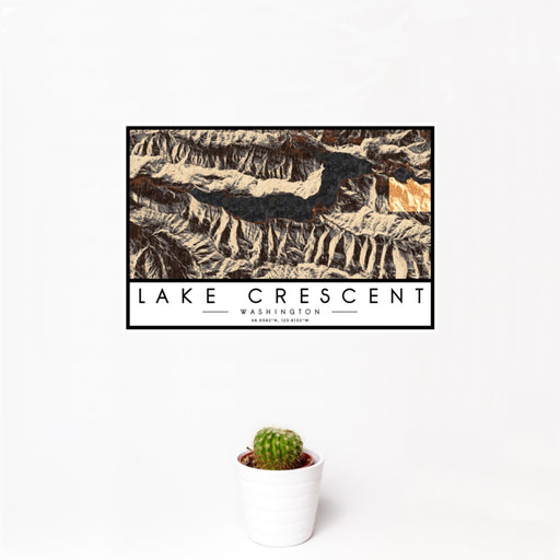 12x18 Lake Crescent Washington Map Print Landscape Orientation in Ember Style With Small Cactus Plant in White Planter