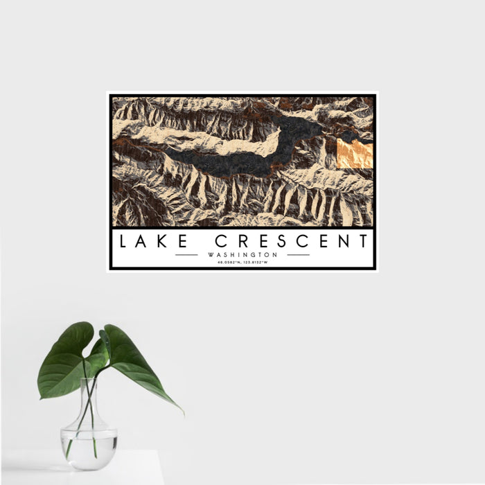 16x24 Lake Crescent Washington Map Print Landscape Orientation in Ember Style With Tropical Plant Leaves in Water