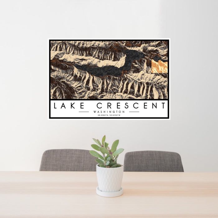 24x36 Lake Crescent Washington Map Print Landscape Orientation in Ember Style Behind 2 Chairs Table and Potted Plant