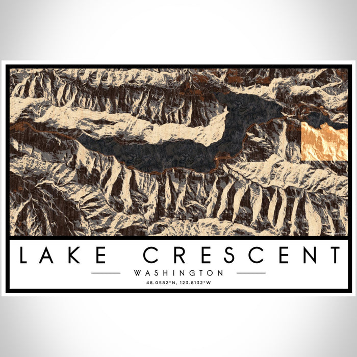 Lake Crescent Washington Map Print Landscape Orientation in Ember Style With Shaded Background