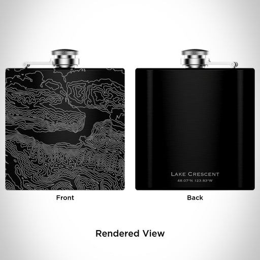 Rendered View of Lake Crescent Washington Map Engraving on 6oz Stainless Steel Flask in Black