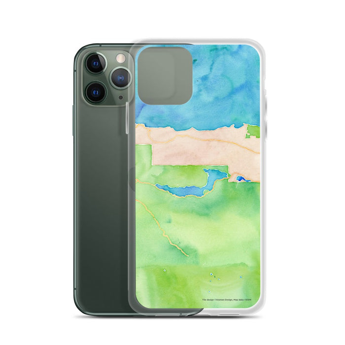 Custom Lake Crescent Washington Map Phone Case in Watercolor on Table with Laptop and Plant