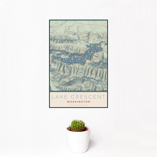 12x18 Lake Crescent Washington Map Print Portrait Orientation in Woodblock Style With Small Cactus Plant in White Planter