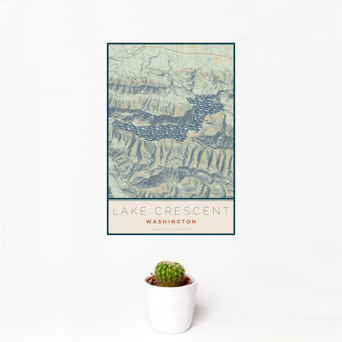 12x18 Lake Crescent Washington Map Print Portrait Orientation in Woodblock Style With Small Cactus Plant in White Planter