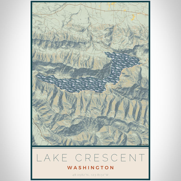 Lake Crescent Washington Map Print Portrait Orientation in Woodblock Style With Shaded Background