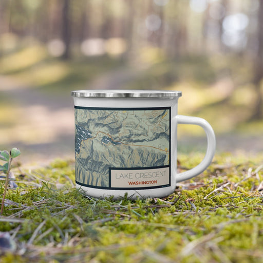 Right View Custom Lake Crescent Washington Map Enamel Mug in Woodblock on Grass With Trees in Background