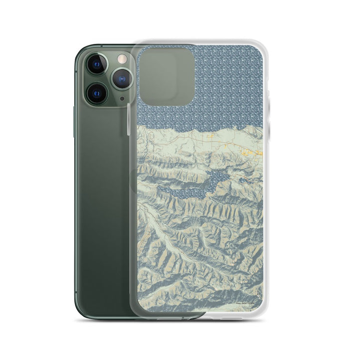 Custom Lake Crescent Washington Map Phone Case in Woodblock on Table with Laptop and Plant