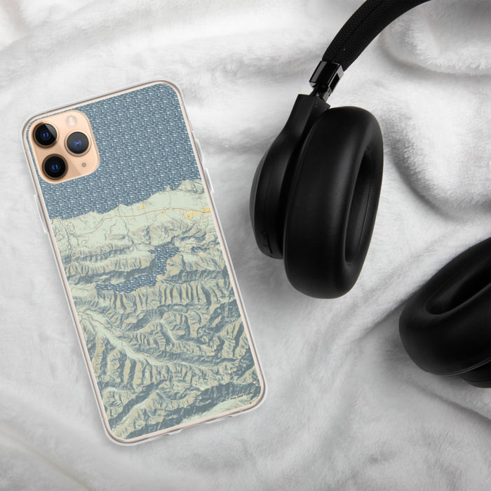 Custom Lake Crescent Washington Map Phone Case in Woodblock on Table with Black Headphones