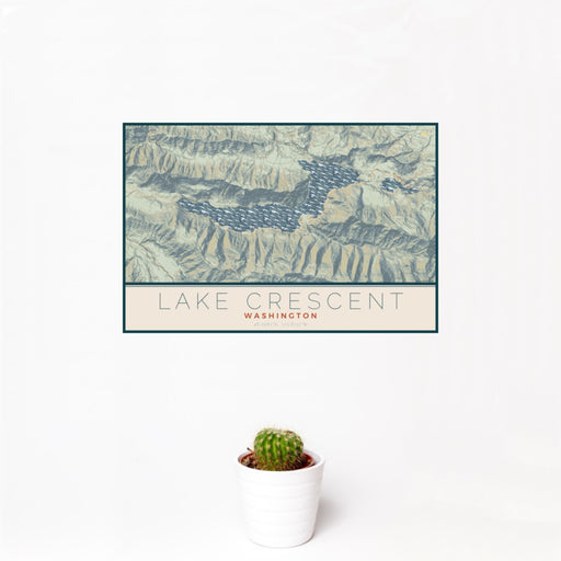 12x18 Lake Crescent Washington Map Print Landscape Orientation in Woodblock Style With Small Cactus Plant in White Planter