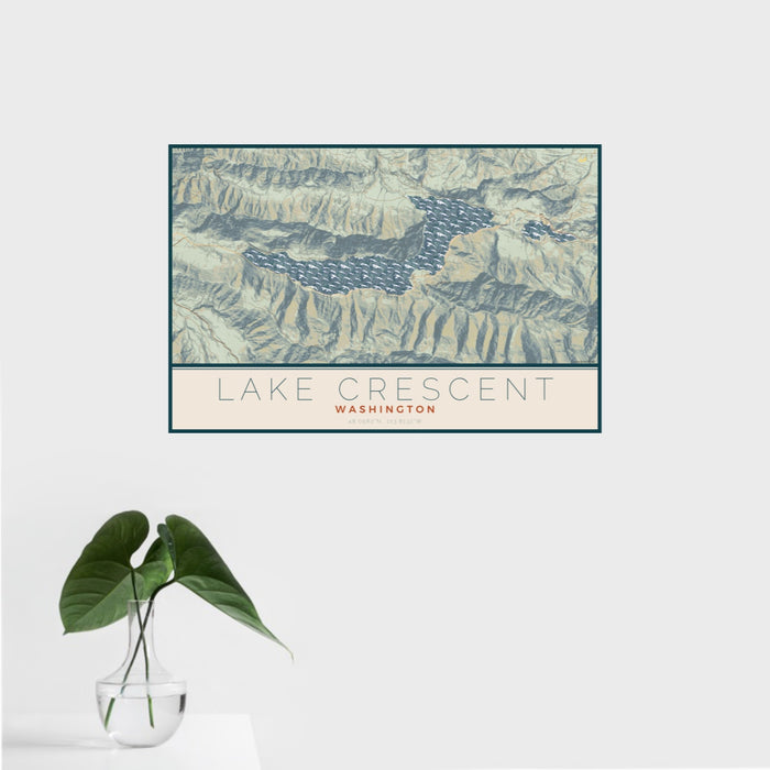 16x24 Lake Crescent Washington Map Print Landscape Orientation in Woodblock Style With Tropical Plant Leaves in Water