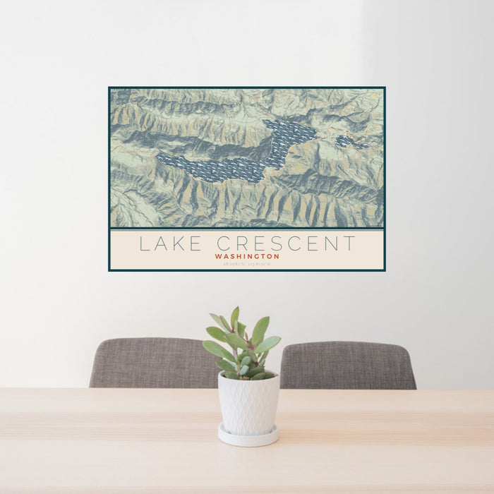 24x36 Lake Crescent Washington Map Print Landscape Orientation in Woodblock Style Behind 2 Chairs Table and Potted Plant