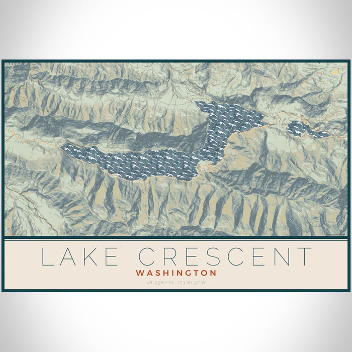 Lake Crescent Washington Map Print Landscape Orientation in Woodblock Style With Shaded Background