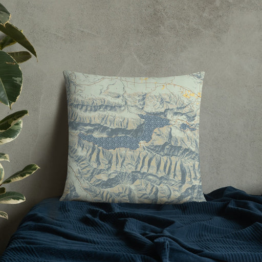 Custom Lake Crescent Washington Map Throw Pillow in Woodblock on Bedding Against Wall