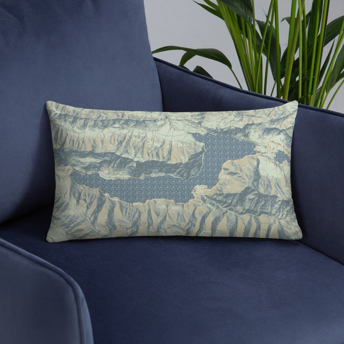 Custom Lake Crescent Washington Map Throw Pillow in Woodblock on Blue Colored Chair