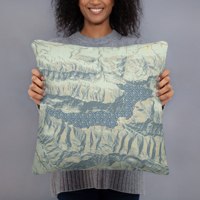 Person holding 18x18 Custom Lake Crescent Washington Map Throw Pillow in Woodblock