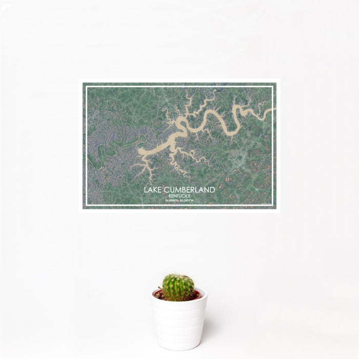 12x18 Lake Cumberland Kentucky Map Print Landscape Orientation in Afternoon Style With Small Cactus Plant in White Planter