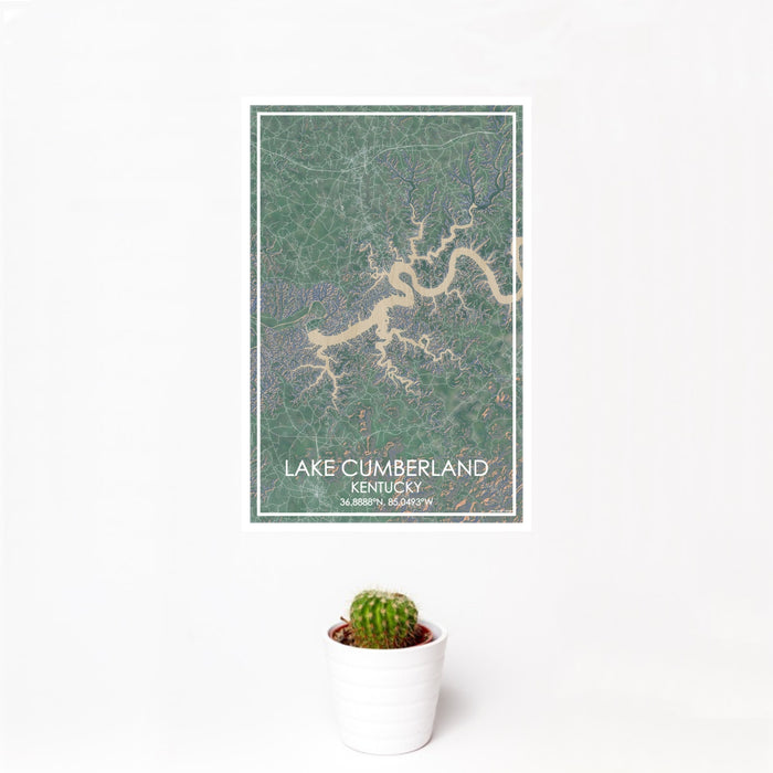 12x18 Lake Cumberland Kentucky Map Print Portrait Orientation in Afternoon Style With Small Cactus Plant in White Planter