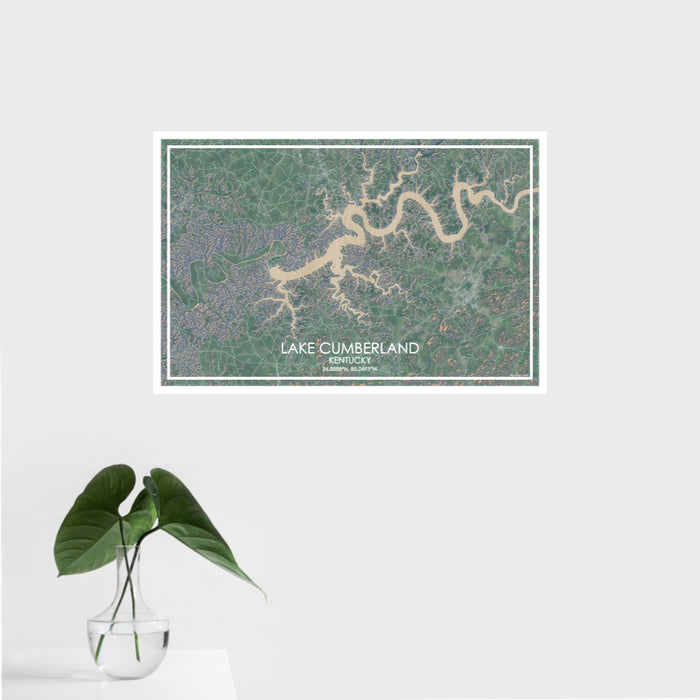 16x24 Lake Cumberland Kentucky Map Print Landscape Orientation in Afternoon Style With Tropical Plant Leaves in Water