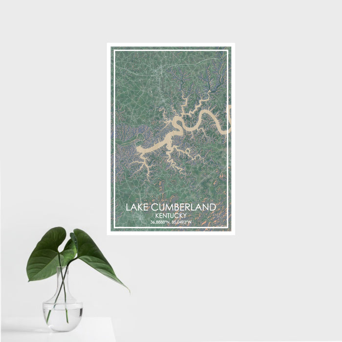 16x24 Lake Cumberland Kentucky Map Print Portrait Orientation in Afternoon Style With Tropical Plant Leaves in Water