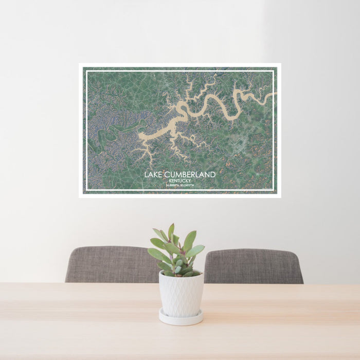 24x36 Lake Cumberland Kentucky Map Print Lanscape Orientation in Afternoon Style Behind 2 Chairs Table and Potted Plant