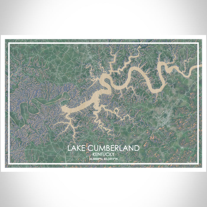 Lake Cumberland Kentucky Map Print Landscape Orientation in Afternoon Style With Shaded Background