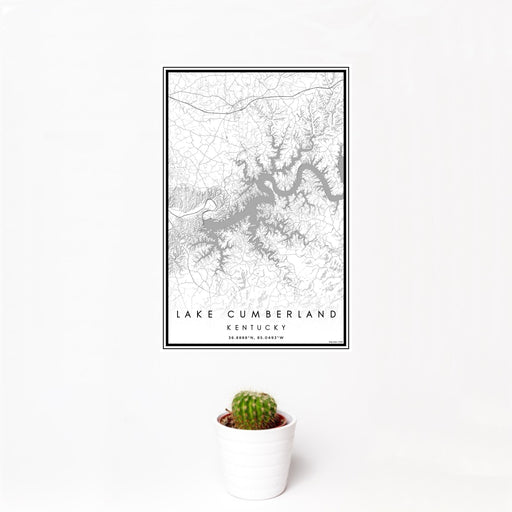 12x18 Lake Cumberland Kentucky Map Print Portrait Orientation in Classic Style With Small Cactus Plant in White Planter