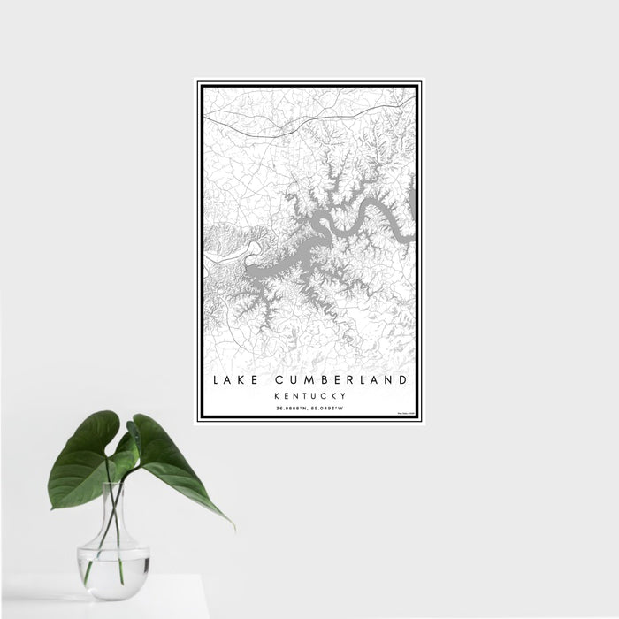 16x24 Lake Cumberland Kentucky Map Print Portrait Orientation in Classic Style With Tropical Plant Leaves in Water