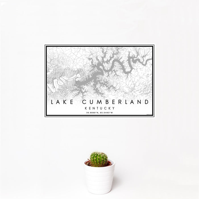 12x18 Lake Cumberland Kentucky Map Print Landscape Orientation in Classic Style With Small Cactus Plant in White Planter