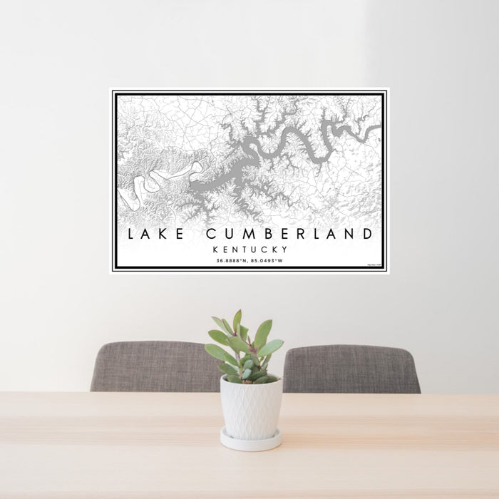 24x36 Lake Cumberland Kentucky Map Print Landscape Orientation in Classic Style Behind 2 Chairs Table and Potted Plant