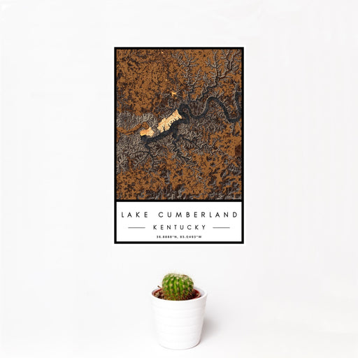 12x18 Lake Cumberland Kentucky Map Print Portrait Orientation in Ember Style With Small Cactus Plant in White Planter