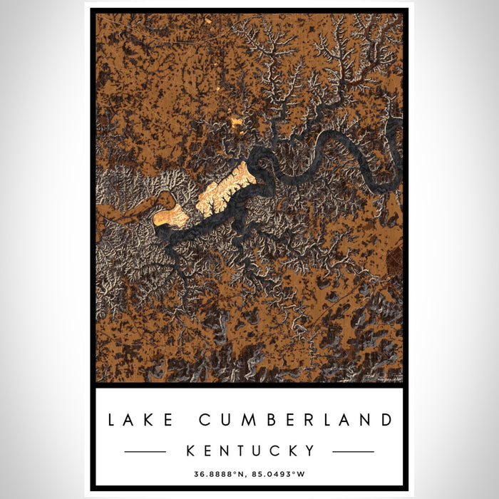 Lake Cumberland Kentucky Map Print Portrait Orientation in Ember Style With Shaded Background