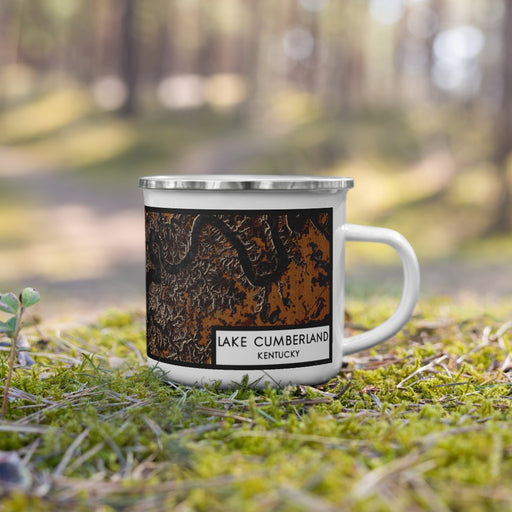 Right View Custom Lake Cumberland Kentucky Map Enamel Mug in Ember on Grass With Trees in Background