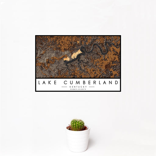 12x18 Lake Cumberland Kentucky Map Print Landscape Orientation in Ember Style With Small Cactus Plant in White Planter